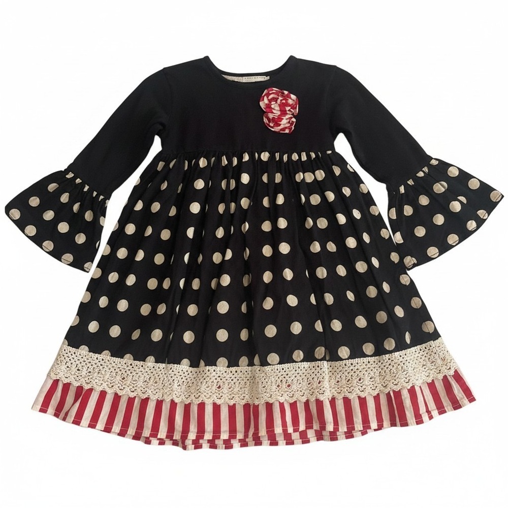 Free Planet 3T Girls Black Polka Dot Red Striped Lace Trim Bell Sleeve Dress